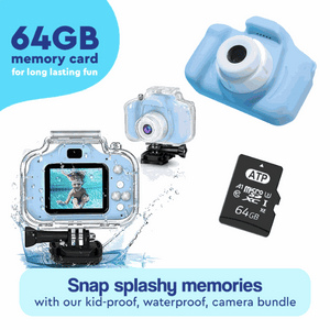 LittleLens Kids Camera waterproof bundle with 64GB memory card and protective case for outdoor splashy fun