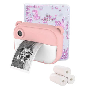Pink kids instant print camera with photo album and thermal paper rolls printing black and white photo