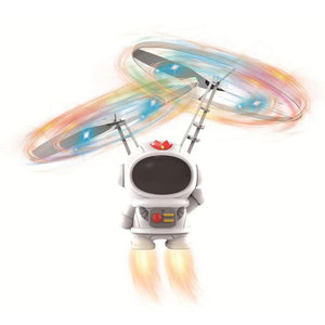Galaxy Lights Flying Magic Orb toy with colorful spinning LED lights and astronaut design flying with rotors and flames beneath