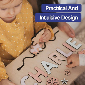 Child playing with Custom Name Montessori Board personalized wooden puzzle with name spelling and animal shapes