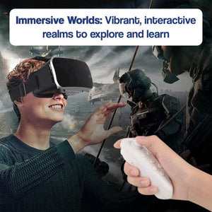 Kid using interactive VR headset with remote controller exploring immersive virtual worlds and learning experiences