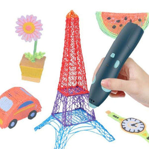 3D Magic Pen Set creating colorful 3D Eiffel Tower, flower, car, watermelon, and watch sculptures with kid-safe pen