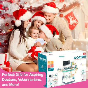 Family in Santa hats unwrapping Little Doctor Adventure Play Kit Christmas gift for kids age 3+ with medical toy set and accessories