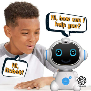 Child interacting with AI-powered STEM interactive SmartyBot educational robot toy