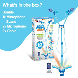 Complete Karaoke Mic Set with dual microphones, stand, cables, and LED light effects for kids' performances.