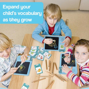 Child using SmartTrace multi-sensory learning tablet with LCD tracing and audio flashcards