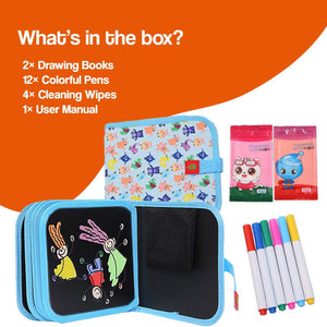 MagicWipe reusable mess-free drawing book with colorful pens and cleaning wipes for kids creativity and learning