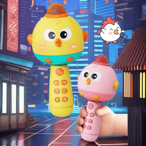 Kids karaoke microphone and speaker toy in bright yellow and blue designed for children with Bluetooth connectivity and rechargeable battery