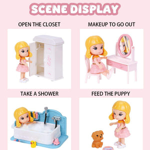 Colorful simulation furniture play set for kids including bedroom, bathroom, kitchen, and study pieces
