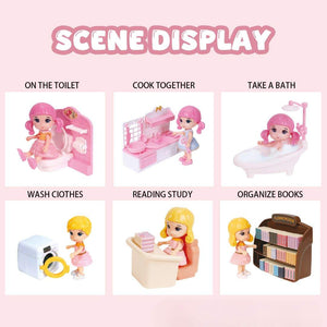 Colorful simulation furniture play set for kids with bedroom, kitchen, bathroom, and study accessories