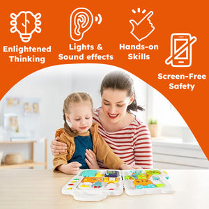 Busy Board Montessori educational toy for infants with lights, sounds, and hands-on learning activities.