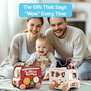 Wooden Montessori Busy Bus with 8 activities for toddlers and preschoolers showcasing interactive learning and fine motor skill development