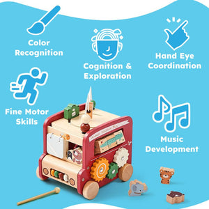 Wooden Montessori Busy Bus toy with gears, shape sorting, bead maze, and xylophone for early learning and motor skill development