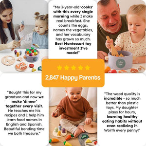 Little Chef Montessori healthy wooden cooking set with veggies and utensils for kids aged 2-6 engaging in educational pretend play