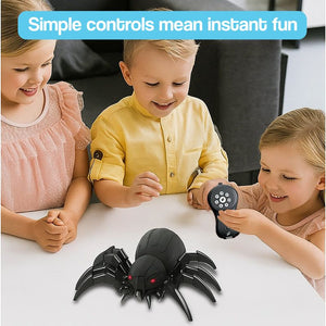 Remote control spider toy with fog breathing, red glowing eyes, and spooky sound effects for Halloween fun
