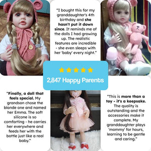 Real-Feel Baby Doll with lifelike silicone skin, soft blonde or brunette hair, 4 outfit colors, and full care set for ages 3+