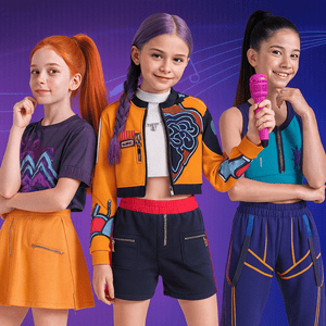 Kids wearing colorful warrior squad Halloween costumes with bold geometric patterns and combat-ready designs standing together