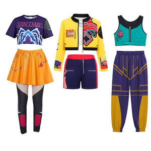 Kids wearing vibrant warrior squad Halloween costumes with geometric patterns and combat-ready designs