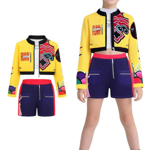 Kids wearing colorful warrior squad Halloween costumes with geometric patterns and combat-ready design outdoors
