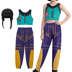 Kids wearing vibrant warrior squad Halloween costumes with bold geometric patterns and combat-ready design