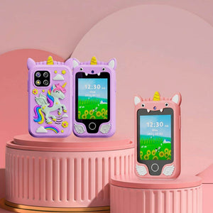 Kids mobile phone with touch screen, games, and durable unicorn and animal-themed protective cases.