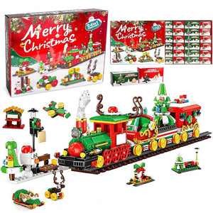 Holiday Express Train Advent Calendar with 24 mini buildable Christmas-themed models forming a festive train set