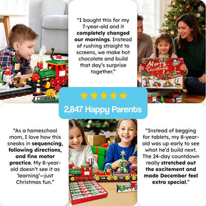 Holiday Express Train Advent Calendar with building bricks, kids playing and assembling festive train set for 24-day Christmas countdown.