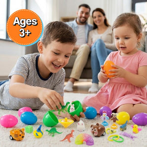 Colorful pre-filled Easter eggs with toys inside ready for egg hunts