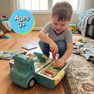2-in-1 Driver & Builder Workshop Bus toy that transforms from a bus into a mechanic's workshop with tools and sound features