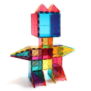 Colorful transparent magnetic building tiles arranged in 3D geometric shapes for creative play and learning
