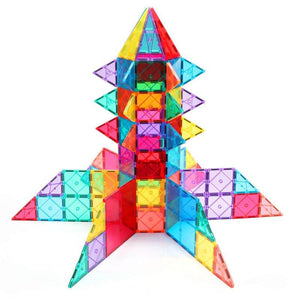 Colorful transparent magnetic building tiles and figures for creative play and learning
