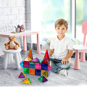 Colorful magnetic building tiles arranged in 3D transparent geometric shapes toy set for kids