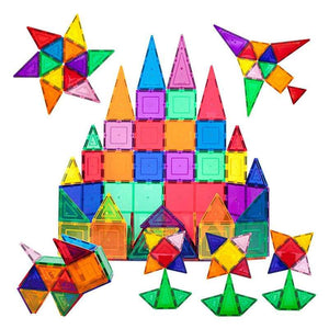 Colorful transparent magnetic building tiles arranged in a 3D structure toy set for kids creativity and learning