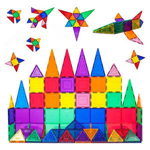Colorful transparent magnetic building tiles arranged in 3D geometric shapes for creative play