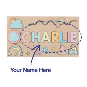 Custom Name Montessori Board personalized wooden name puzzle with colorful letters and playful shapes for children