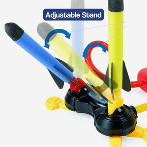 Dual Toy Rocket Launcher with adjustable stand and foam rockets for outdoor interactive play and physical activity.