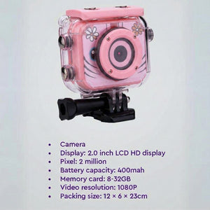 Mini Kids High-Quality Sports Camera in pink with waterproof case, 2.0 inch LCD, 2 million pixels, 1080P video, 400mah battery, and 8-32GB memory support.