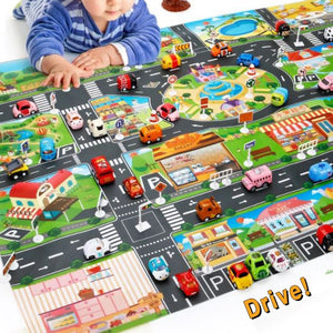 Montessori city map play mat with detachable plastic car toys and printed roads for kids' learning and fun