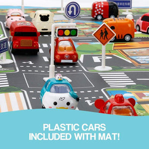 Montessori city map mat with printed roads, buildings, and detachable plastic car toys for kids' learning and play