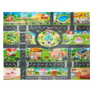 Montessori city map with cloth mat, roads, buildings, and detachable plastic car toys for kids' learning and play
