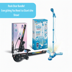 Complete Karaoke Mic Set with LED stand and toy guitar bundle for kids' musical fun