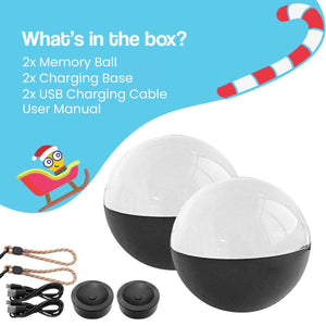 3D holographic video memory ball displaying floating Christmas tree ball videos inside a crystal sphere on a charging base