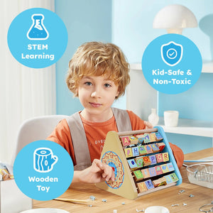 Wooden Montessori activity centre triangle toy with multiple educational features for children