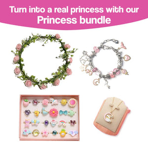 Princess bundle with flower crown, charm bracelet, colorful rings, and pendant necklace for kids bracelet-making kit