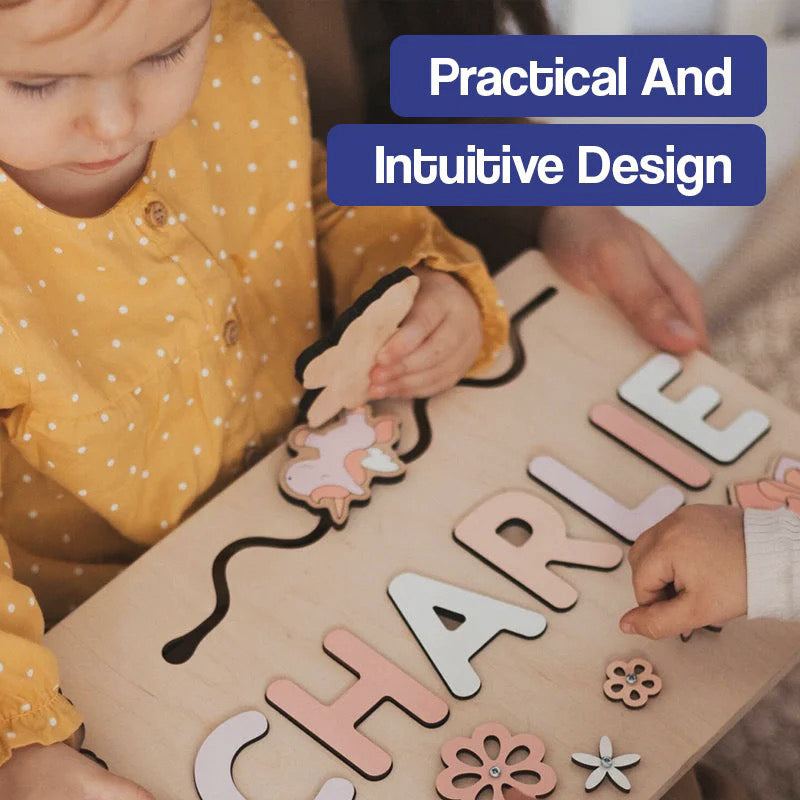 Child playing with Custom Name Montessori Board personalized wooden puzzle with name spelling and animal shapes