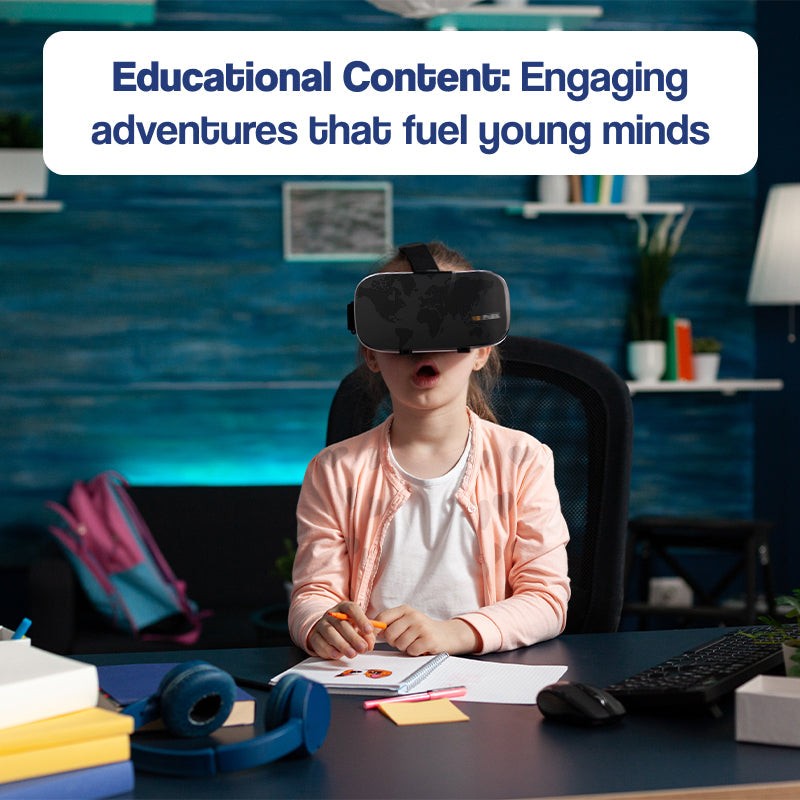 Child wearing interactive VR headset for educational adventures fueling young minds