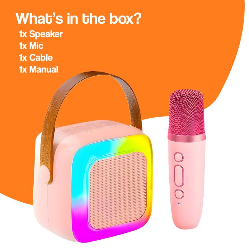 Family Fun Karaoke Machine with wireless speaker, pink microphone, and colorful LED lights for kids aged 3+