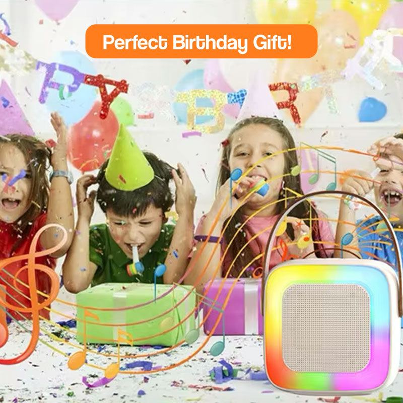 Family Fun Karaoke Machine with colorful LED lights at kids' birthday party celebration