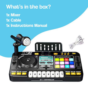 MixMaster Junior DJ Console kid-sized mixer with colorful buttons, turntable, microphone, and USB cable for interactive music play.
