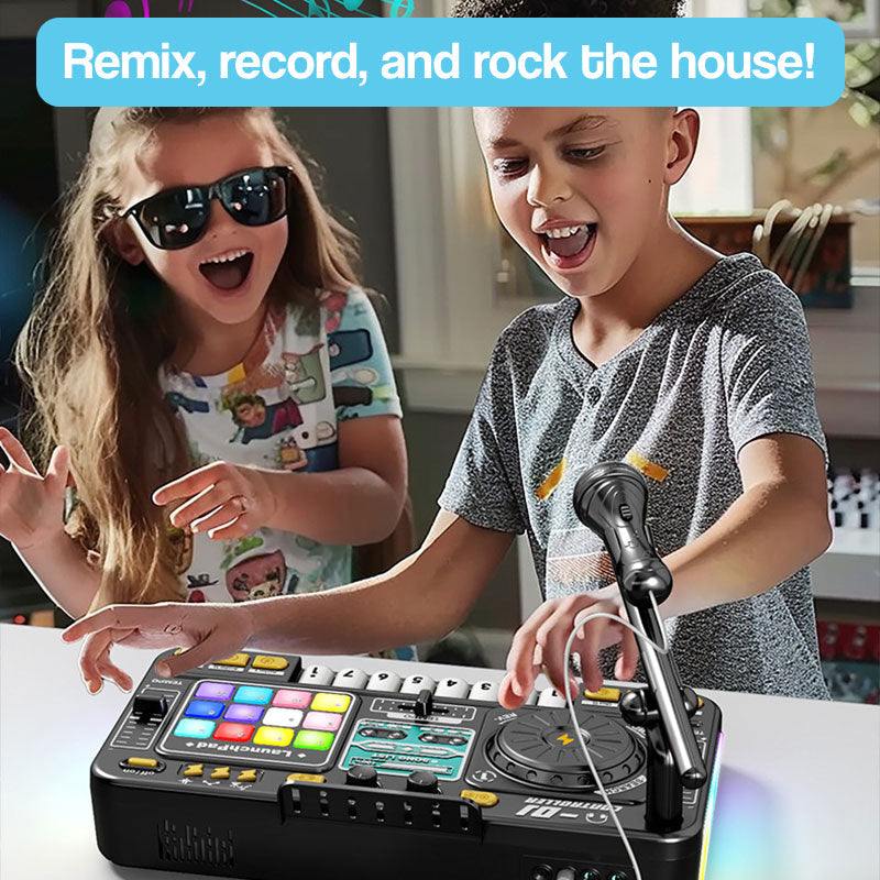 Kids enjoying MixMaster Junior DJ Console with colorful lights and microphone, remixing and recording music indoors